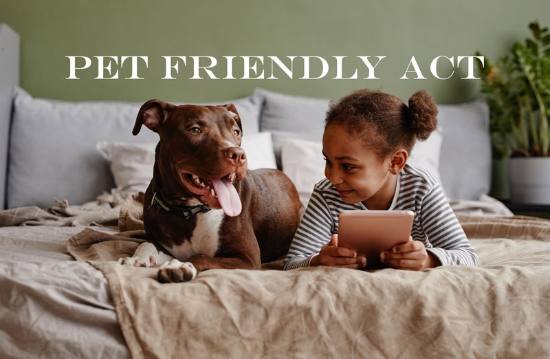 Cute African-American Girl lying next to her pet dog smiling on the bed.