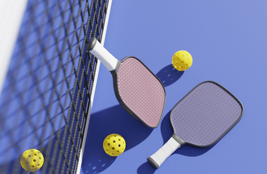 A Pickleball set along side a net on a pickleball court